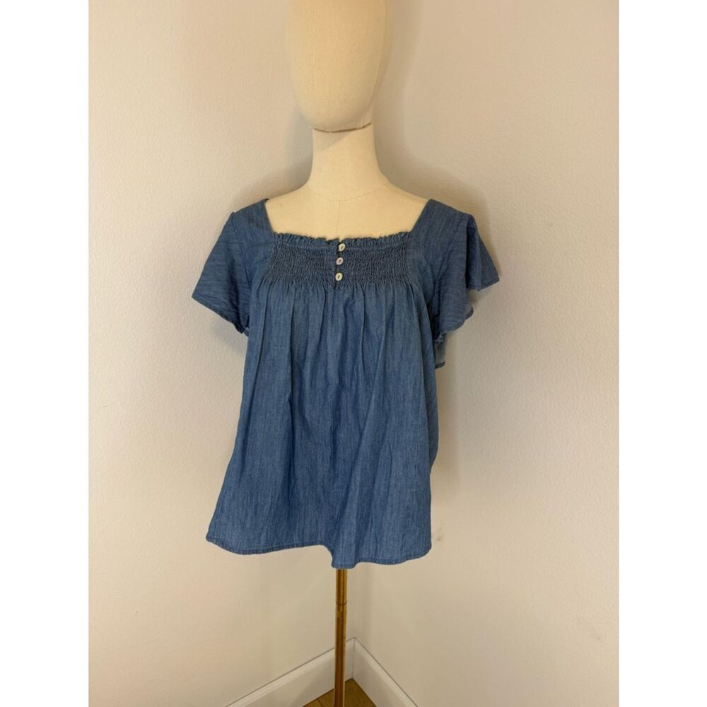Draper James Blue Denim-Style Smocked Square Neck Blouse 100% Cotton- Size Large